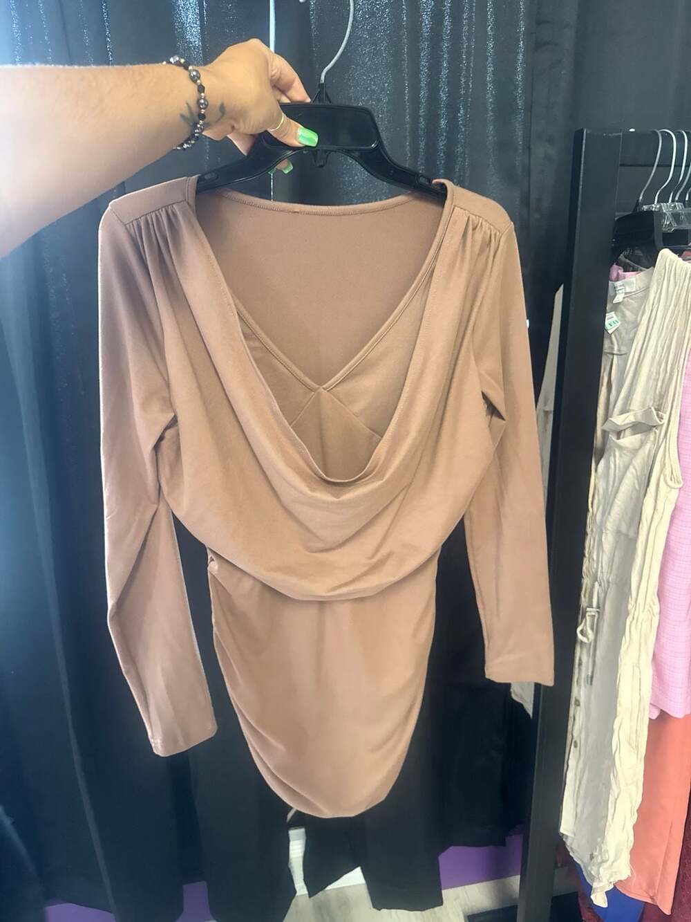 Tan Long Sleeve Cowl Neck Ruched Bodycon Mini Dress